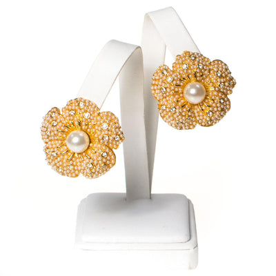 Vintage Camellia Flower Pearl and Rhinestone Earrings by 1980s - Vintage Meet Modern Vintage Jewelry - Chicago, Illinois - #oldhollywoodglamour #vintagemeetmodern #designervintage #jewelrybox #antiquejewelry #vintagejewelry