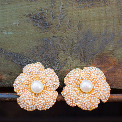 Vintage Camellia Flower Pearl and Rhinestone Earrings by 1980s - Vintage Meet Modern Vintage Jewelry - Chicago, Illinois - #oldhollywoodglamour #vintagemeetmodern #designervintage #jewelrybox #antiquejewelry #vintagejewelry