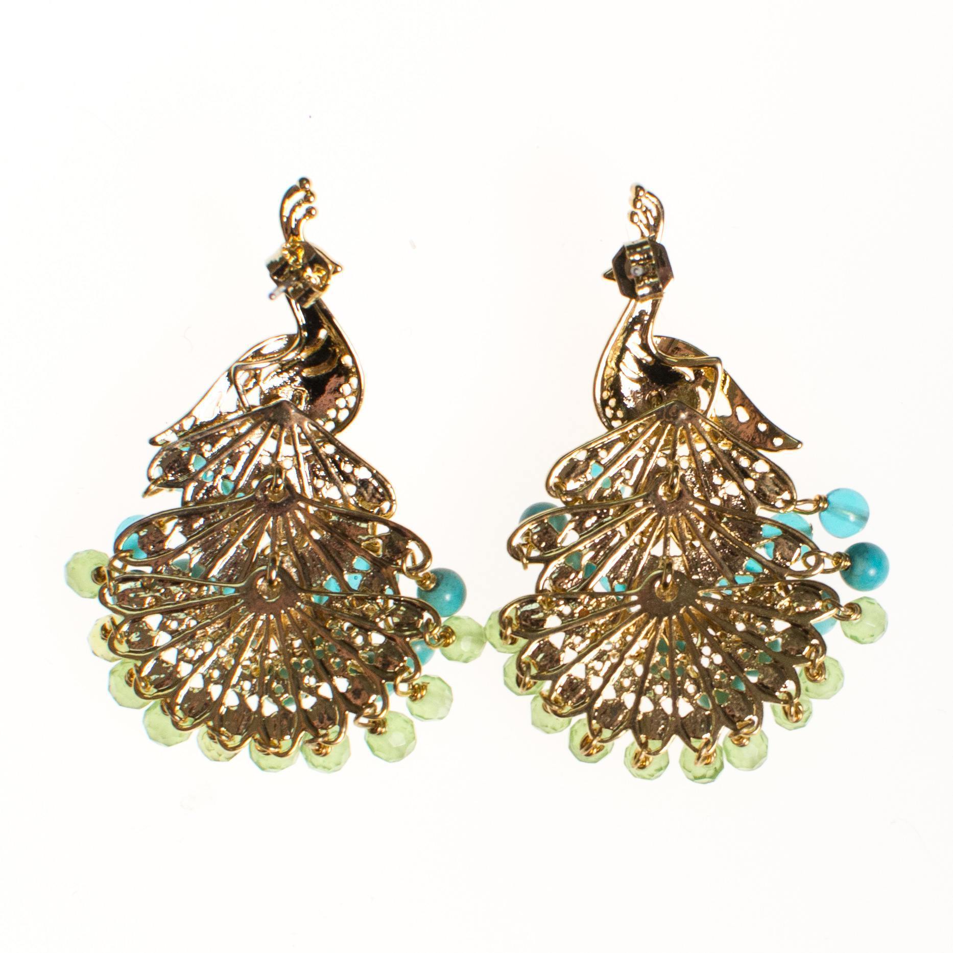 Vintage Peacock Statement Earrings with Turquoise and Lemon Citrine Crystal Beads by 1990s - Vintage Meet Modern Vintage Jewelry - Chicago, Illinois - #oldhollywoodglamour #vintagemeetmodern #designervintage #jewelrybox #antiquejewelry #vintagejewelry