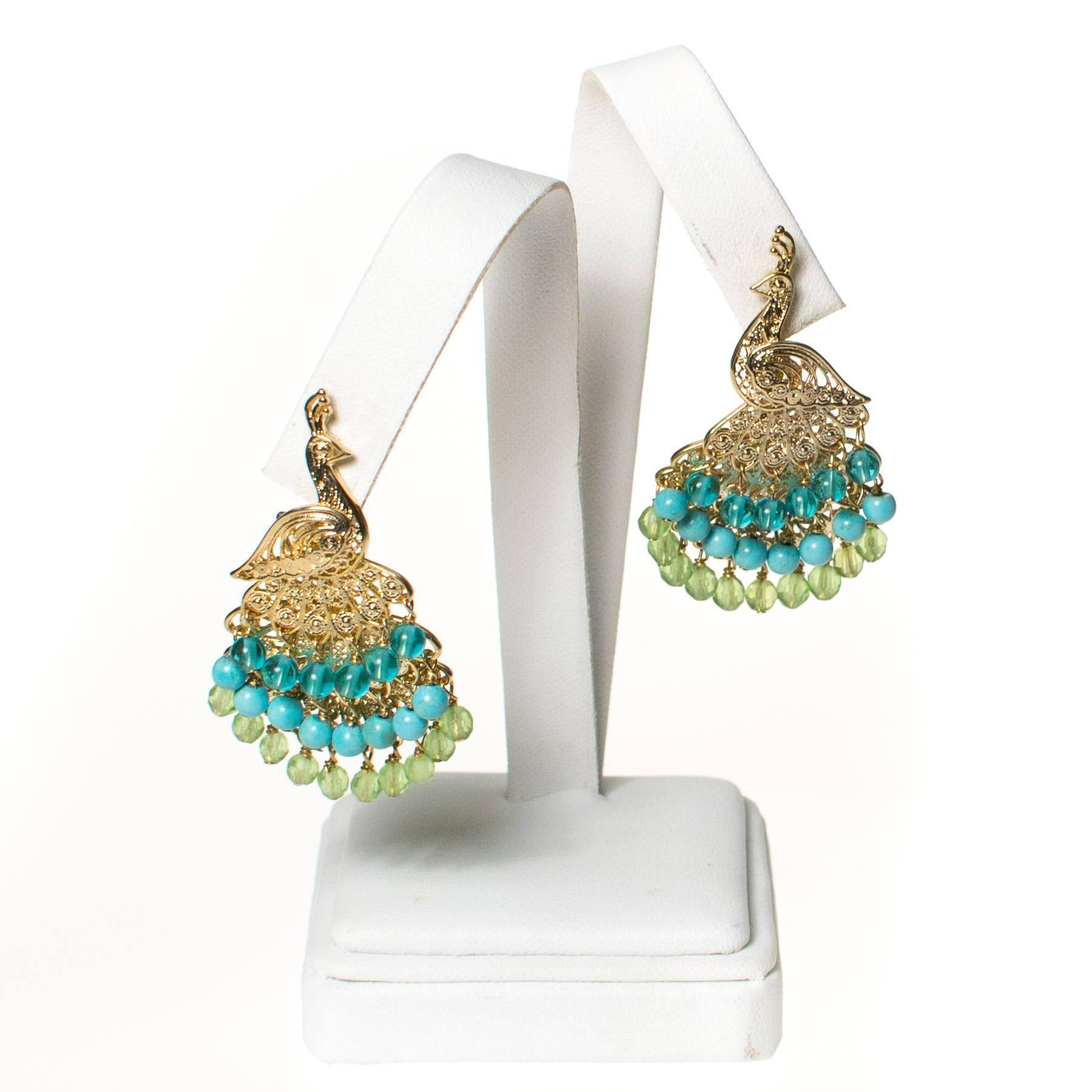 Vintage Peacock Statement Earrings with Turquoise and Lemon Citrine Crystal Beads by 1990s - Vintage Meet Modern Vintage Jewelry - Chicago, Illinois - #oldhollywoodglamour #vintagemeetmodern #designervintage #jewelrybox #antiquejewelry #vintagejewelry