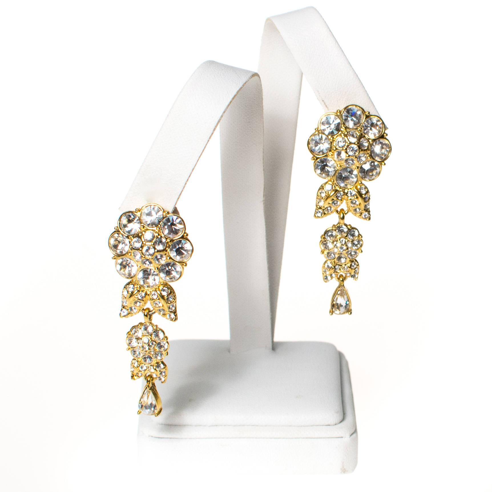 Vintage Camelia Flower Crystal Rhinestones Dangling Statement Earrings, Clip On by 1990s - Vintage Meet Modern Vintage Jewelry - Chicago, Illinois - #oldhollywoodglamour #vintagemeetmodern #designervintage #jewelrybox #antiquejewelry #vintagejewelry