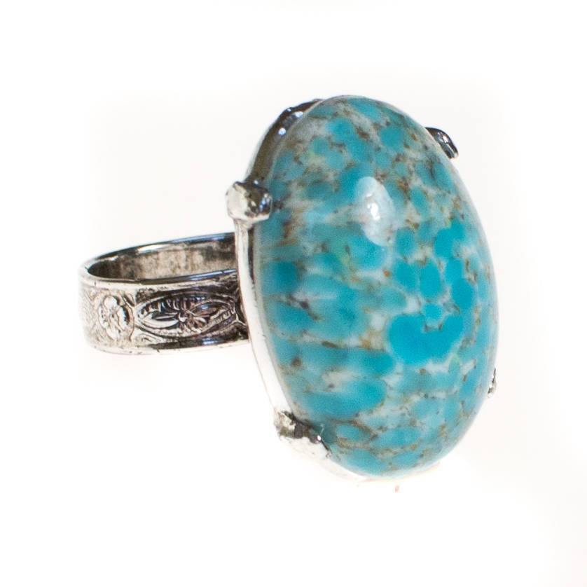 Vintage Turquoise Art Glass Cabochon Statement Ring, Silver Tone Setting, Adjustable by 1960s - Vintage Meet Modern Vintage Jewelry - Chicago, Illinois - #oldhollywoodglamour #vintagemeetmodern #designervintage #jewelrybox #antiquejewelry #vintagejewelry