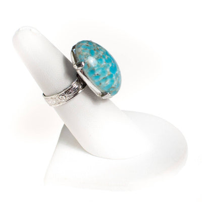 Vintage Turquoise Art Glass Cabochon Statement Ring, Silver Tone Setting, Adjustable by 1960s - Vintage Meet Modern Vintage Jewelry - Chicago, Illinois - #oldhollywoodglamour #vintagemeetmodern #designervintage #jewelrybox #antiquejewelry #vintagejewelry
