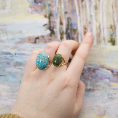 Vintage Turquoise Art Glass Cabochon Statement Ring, Silver Tone Setting, Adjustable by 1960s - Vintage Meet Modern Vintage Jewelry - Chicago, Illinois - #oldhollywoodglamour #vintagemeetmodern #designervintage #jewelrybox #antiquejewelry #vintagejewelry