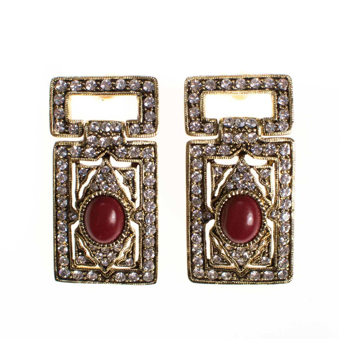 Vintage Art Deco Revival Gold Statement Earrings with Rhinestones and Carnelian Lucite Cabochon by Art Deco - Vintage Meet Modern Vintage Jewelry - Chicago, Illinois - #oldhollywoodglamour #vintagemeetmodern #designervintage #jewelrybox #antiquejewelry #vintagejewelry
