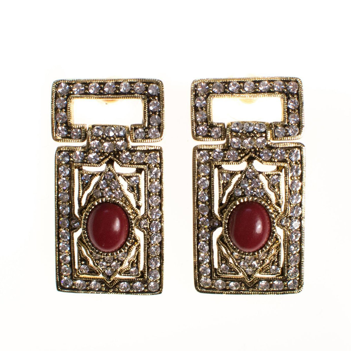 Vintage Art Deco Revival Gold Statement Earrings with Rhinestones and Carnelian Lucite Cabochon