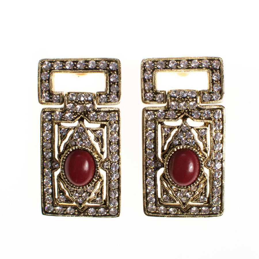 Vintage Art Deco Revival Gold Statement Earrings with Rhinestones and Carnelian Lucite Cabochon by Art Deco - Vintage Meet Modern Vintage Jewelry - Chicago, Illinois - #oldhollywoodglamour #vintagemeetmodern #designervintage #jewelrybox #antiquejewelry #vintagejewelry
