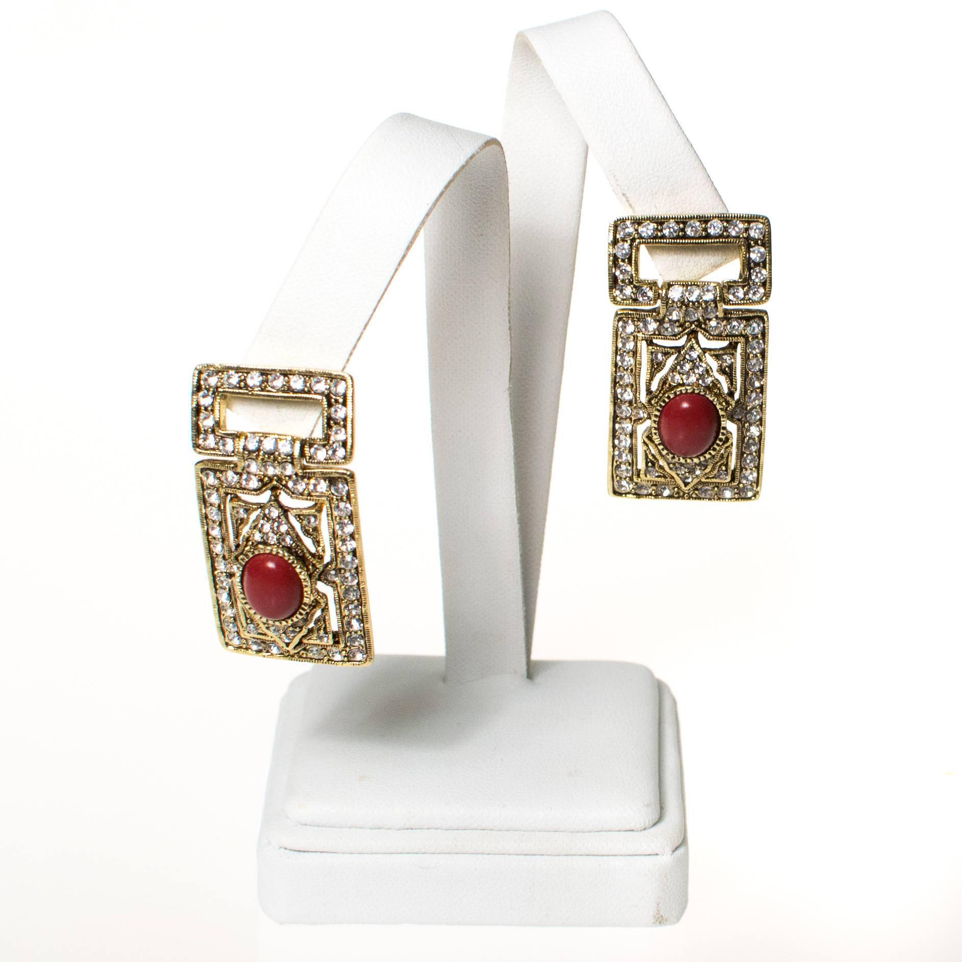 Vintage Art Deco Revival Gold Statement Earrings with Rhinestones and Carnelian Lucite Cabochon by Art Deco - Vintage Meet Modern Vintage Jewelry - Chicago, Illinois - #oldhollywoodglamour #vintagemeetmodern #designervintage #jewelrybox #antiquejewelry #vintagejewelry