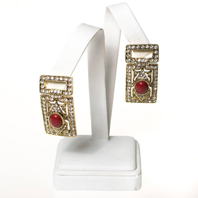 Vintage Art Deco Revival Gold Statement Earrings with Rhinestones and Carnelian Lucite Cabochon by Art Deco - Vintage Meet Modern Vintage Jewelry - Chicago, Illinois - #oldhollywoodglamour #vintagemeetmodern #designervintage #jewelrybox #antiquejewelry #vintagejewelry