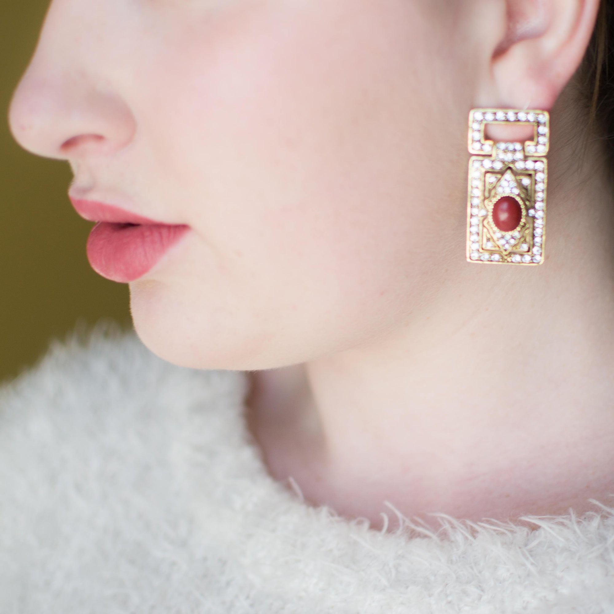 Vintage Art Deco Revival Gold Statement Earrings with Rhinestones and Carnelian Lucite Cabochon by Art Deco - Vintage Meet Modern Vintage Jewelry - Chicago, Illinois - #oldhollywoodglamour #vintagemeetmodern #designervintage #jewelrybox #antiquejewelry #vintagejewelry