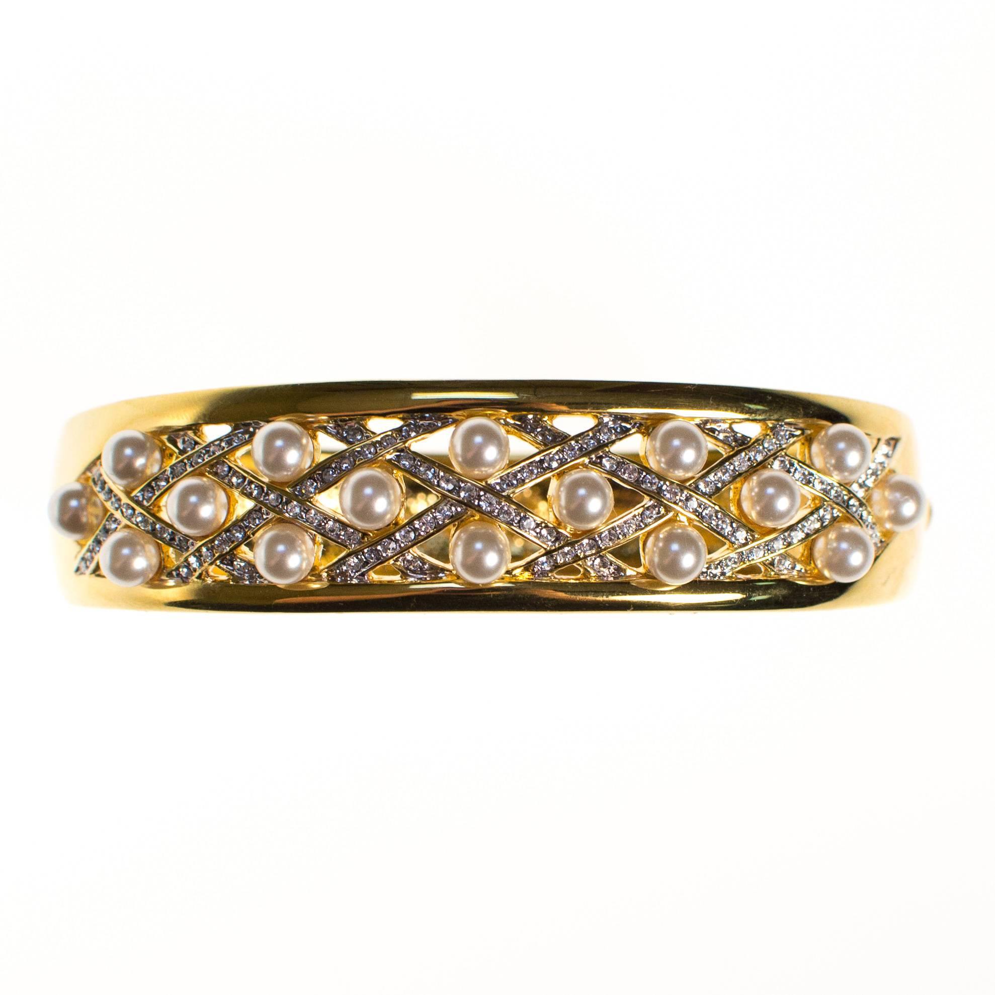 Vintage Camrose and Kross JBK Jacqueline Bouvier Kennedy Gold Pearl and Rhinestone Bangle Bracelet by Camrose and Kross JBK Jacqueline Bouvier Kennedy - Vintage Meet Modern Vintage Jewelry - Chicago, Illinois - #oldhollywoodglamour #vintagemeetmodern #designervintage #jewelrybox #antiquejewelry #vintagejewelry