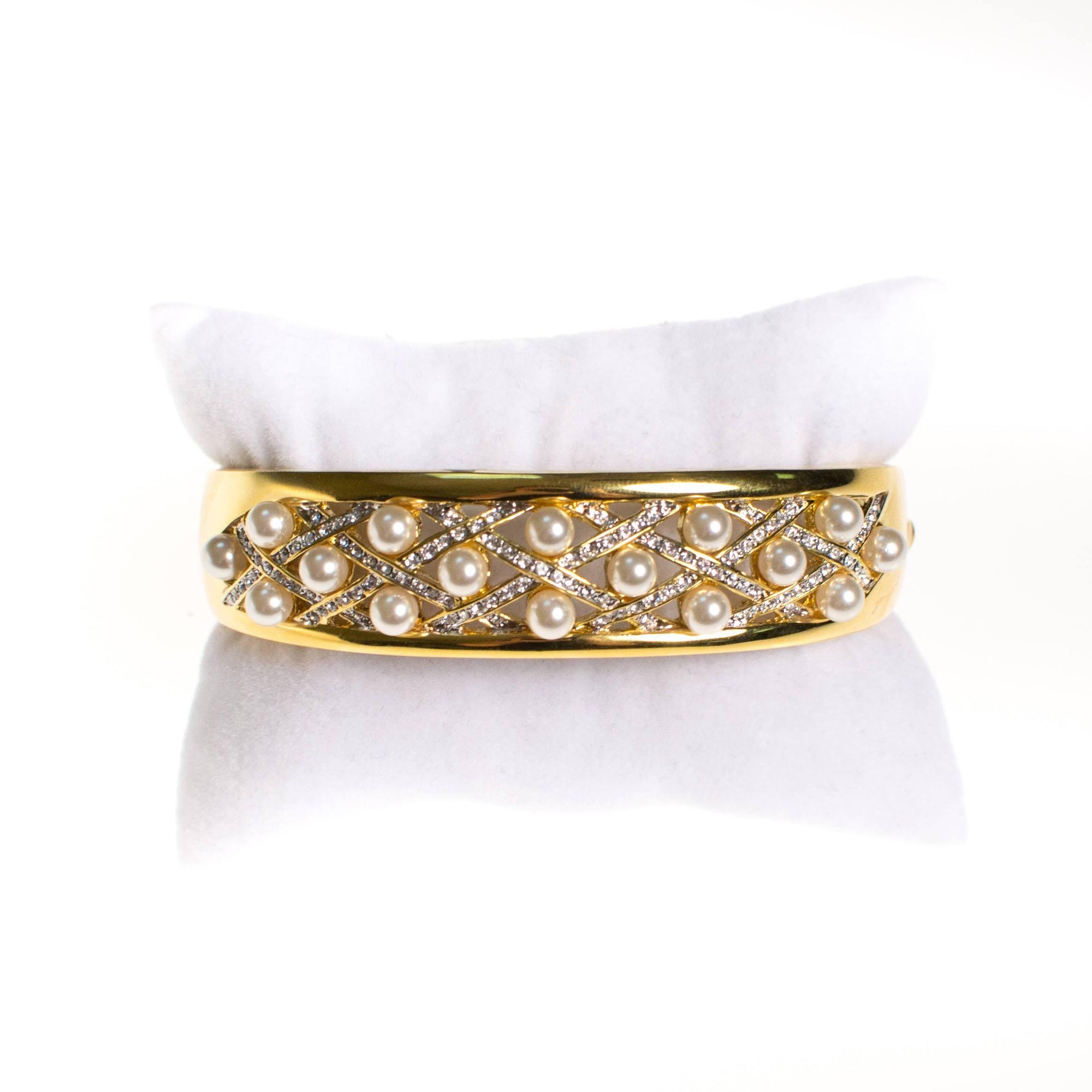 Vintage Camrose and Kross JBK Jacqueline Bouvier Kennedy Gold Pearl and Rhinestone Bangle Bracelet by Camrose and Kross JBK Jacqueline Bouvier Kennedy - Vintage Meet Modern Vintage Jewelry - Chicago, Illinois - #oldhollywoodglamour #vintagemeetmodern #designervintage #jewelrybox #antiquejewelry #vintagejewelry