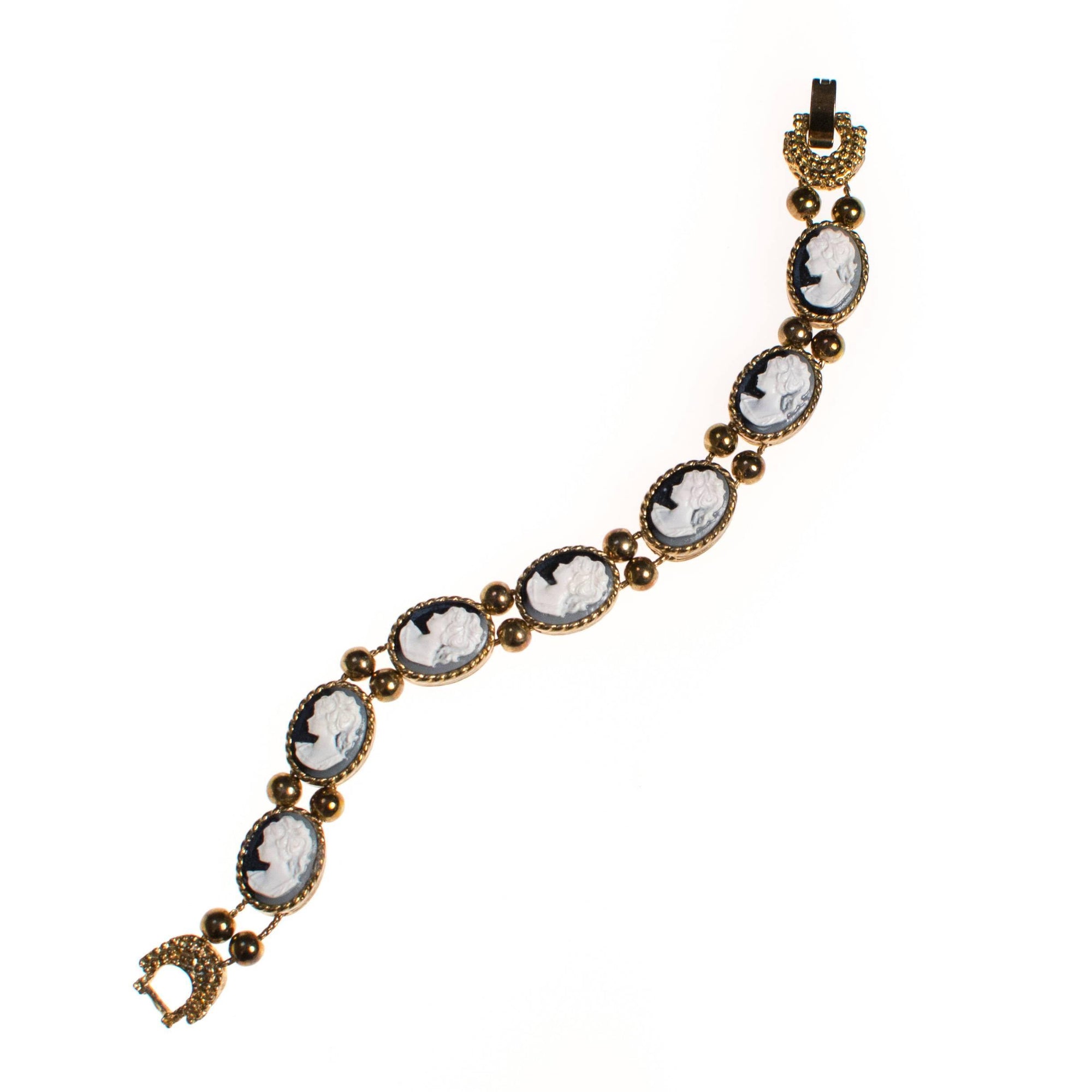 Vintage Victorian Revival Black and White Cameo Slide Bracelet by 1960s - Vintage Meet Modern Vintage Jewelry - Chicago, Illinois - #oldhollywoodglamour #vintagemeetmodern #designervintage #jewelrybox #antiquejewelry #vintagejewelry