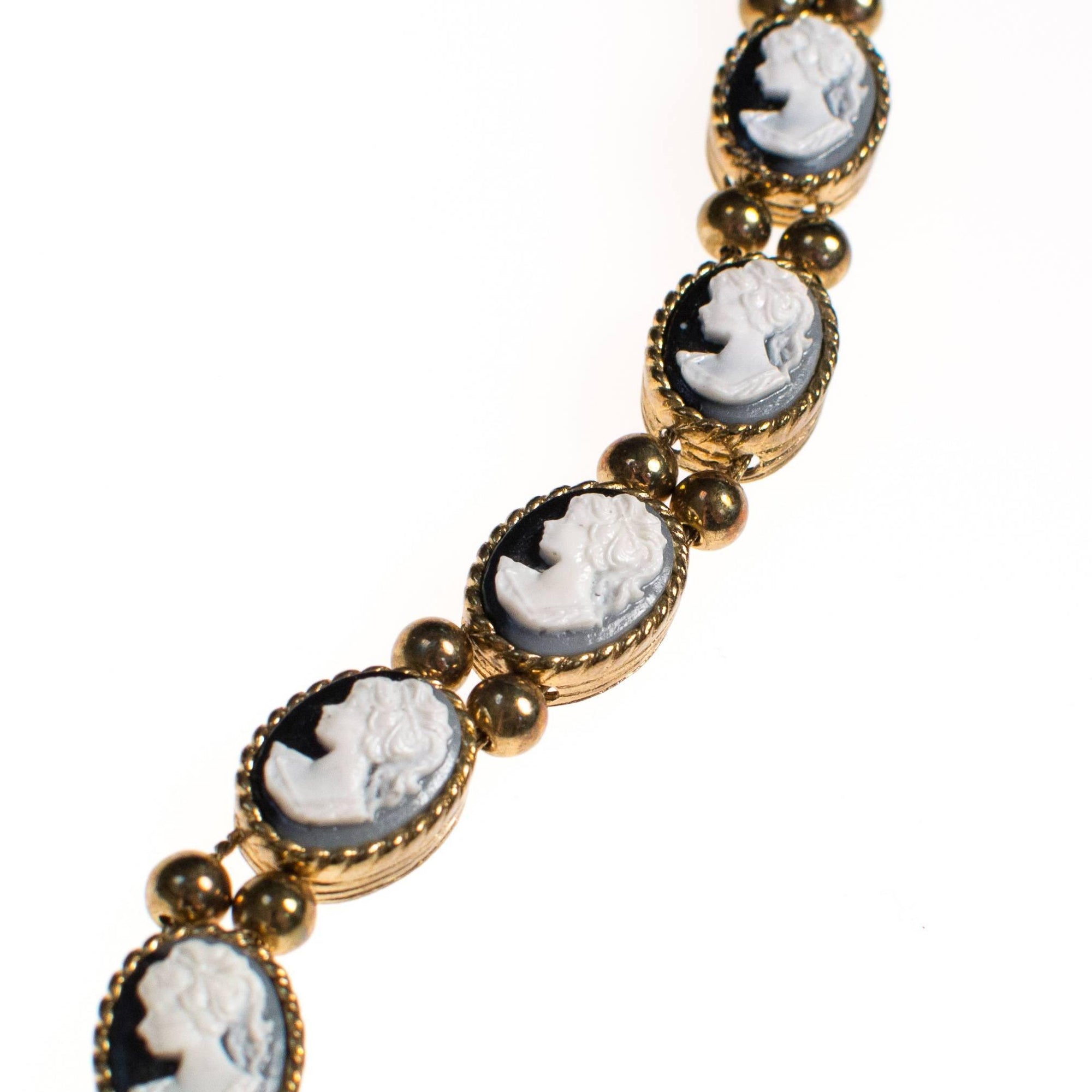 Vintage Victorian Revival Black and White Cameo Slide Bracelet by 1960s - Vintage Meet Modern Vintage Jewelry - Chicago, Illinois - #oldhollywoodglamour #vintagemeetmodern #designervintage #jewelrybox #antiquejewelry #vintagejewelry