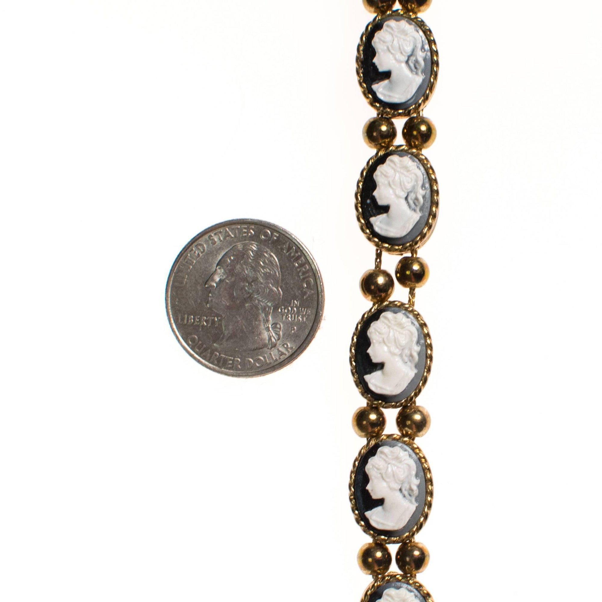 Vintage Victorian Revival Black and White Cameo Slide Bracelet by 1960s - Vintage Meet Modern Vintage Jewelry - Chicago, Illinois - #oldhollywoodglamour #vintagemeetmodern #designervintage #jewelrybox #antiquejewelry #vintagejewelry