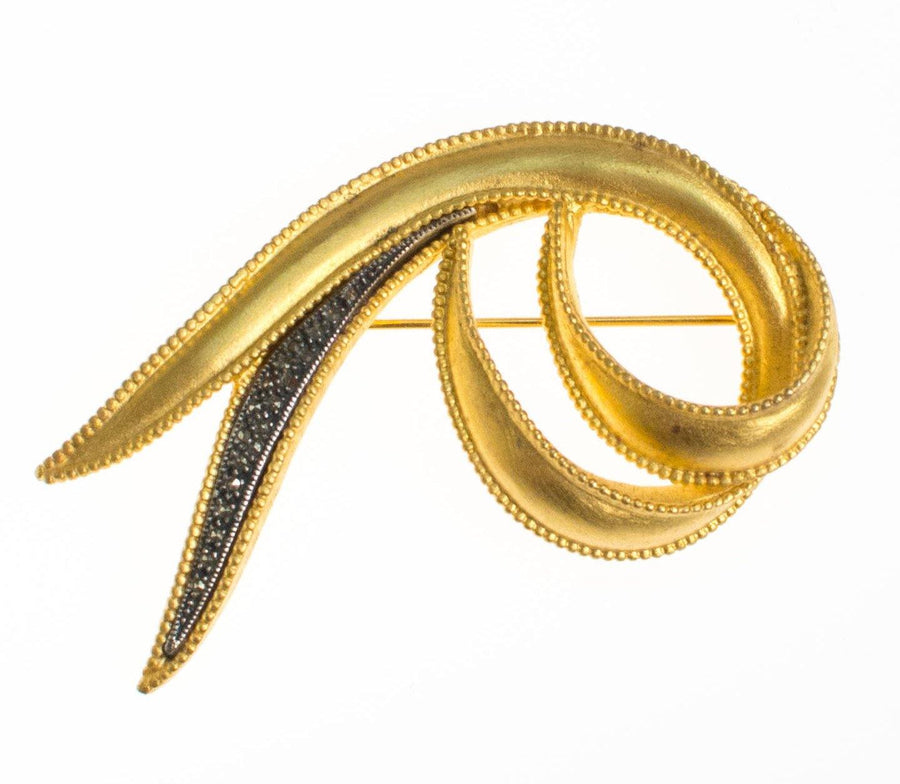 Vintage JJ Brushed Gold Modernist Brooch with Marcasite Detail by JJ - Vintage Meet Modern Vintage Jewelry - Chicago, Illinois - #oldhollywoodglamour #vintagemeetmodern #designervintage #jewelrybox #antiquejewelry #vintagejewelry