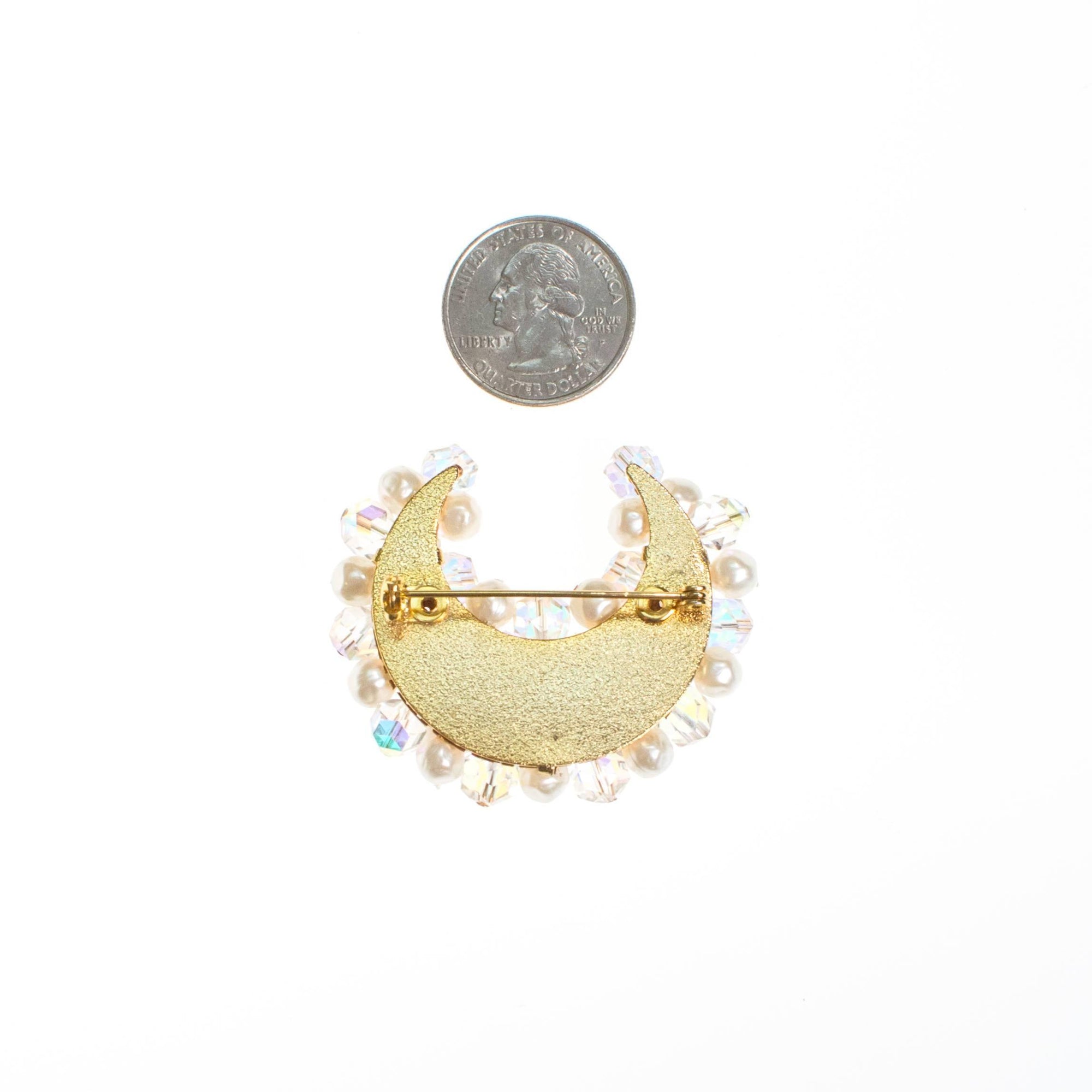 Pearl and Iridescent Aurora Borealis Crystal Moon  Brooch by 1960s - Vintage Meet Modern Vintage Jewelry - Chicago, Illinois - #oldhollywoodglamour #vintagemeetmodern #designervintage #jewelrybox #antiquejewelry #vintagejewelry