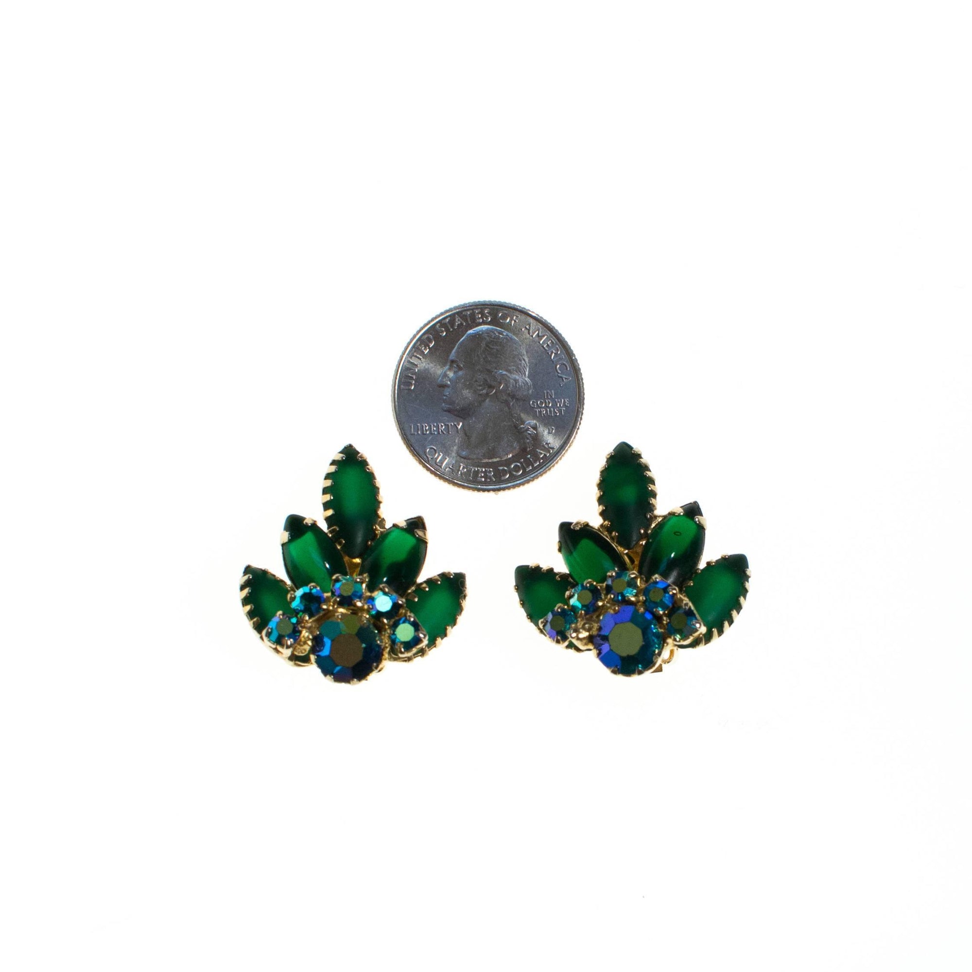 Vintage Emerald Green and Blue Aurora Borealis Rhinestone Statement Earrings by 1950s - Vintage Meet Modern Vintage Jewelry - Chicago, Illinois - #oldhollywoodglamour #vintagemeetmodern #designervintage #jewelrybox #antiquejewelry #vintagejewelry