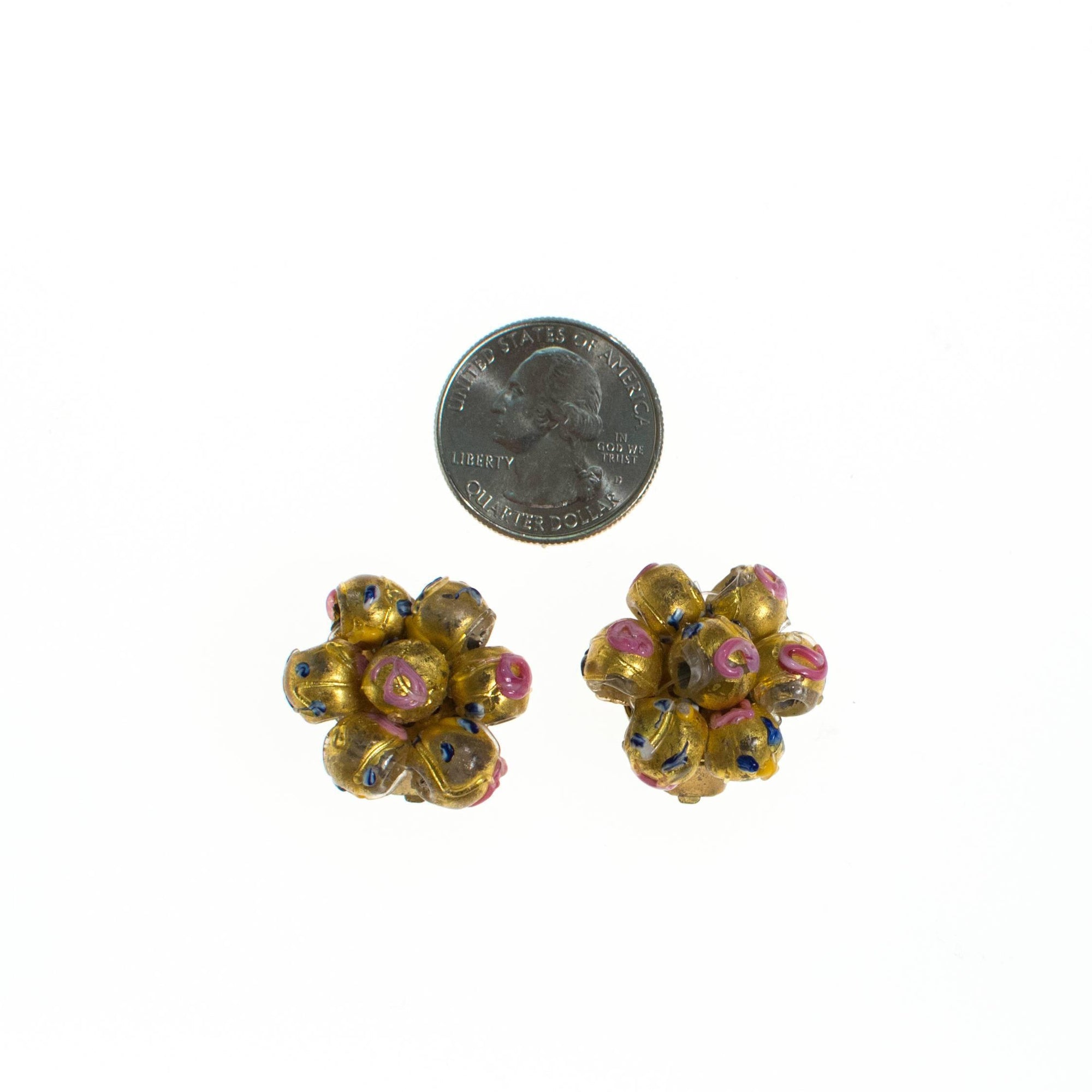 Vintage Gold and Pink Venetian Glass Wedding Cake Bead Earrings by 1930s - Vintage Meet Modern Vintage Jewelry - Chicago, Illinois - #oldhollywoodglamour #vintagemeetmodern #designervintage #jewelrybox #antiquejewelry #vintagejewelry