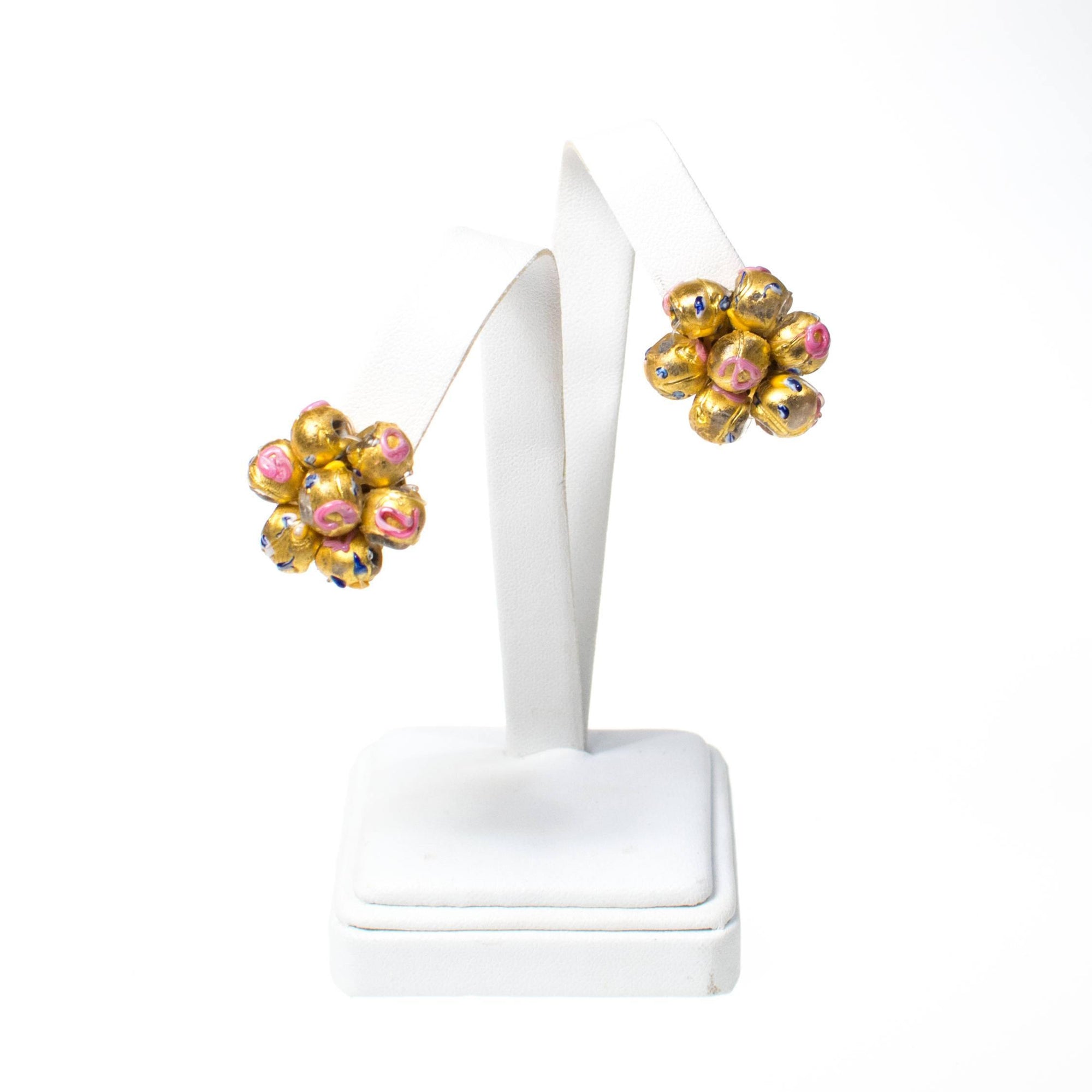 Vintage Gold and Pink Venetian Glass Wedding Cake Bead Earrings by 1930s - Vintage Meet Modern Vintage Jewelry - Chicago, Illinois - #oldhollywoodglamour #vintagemeetmodern #designervintage #jewelrybox #antiquejewelry #vintagejewelry