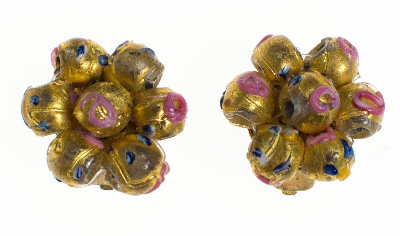 Vintage Gold and Pink Venetian Glass Wedding Cake Bead Earrings by 1930s - Vintage Meet Modern Vintage Jewelry - Chicago, Illinois - #oldhollywoodglamour #vintagemeetmodern #designervintage #jewelrybox #antiquejewelry #vintagejewelry