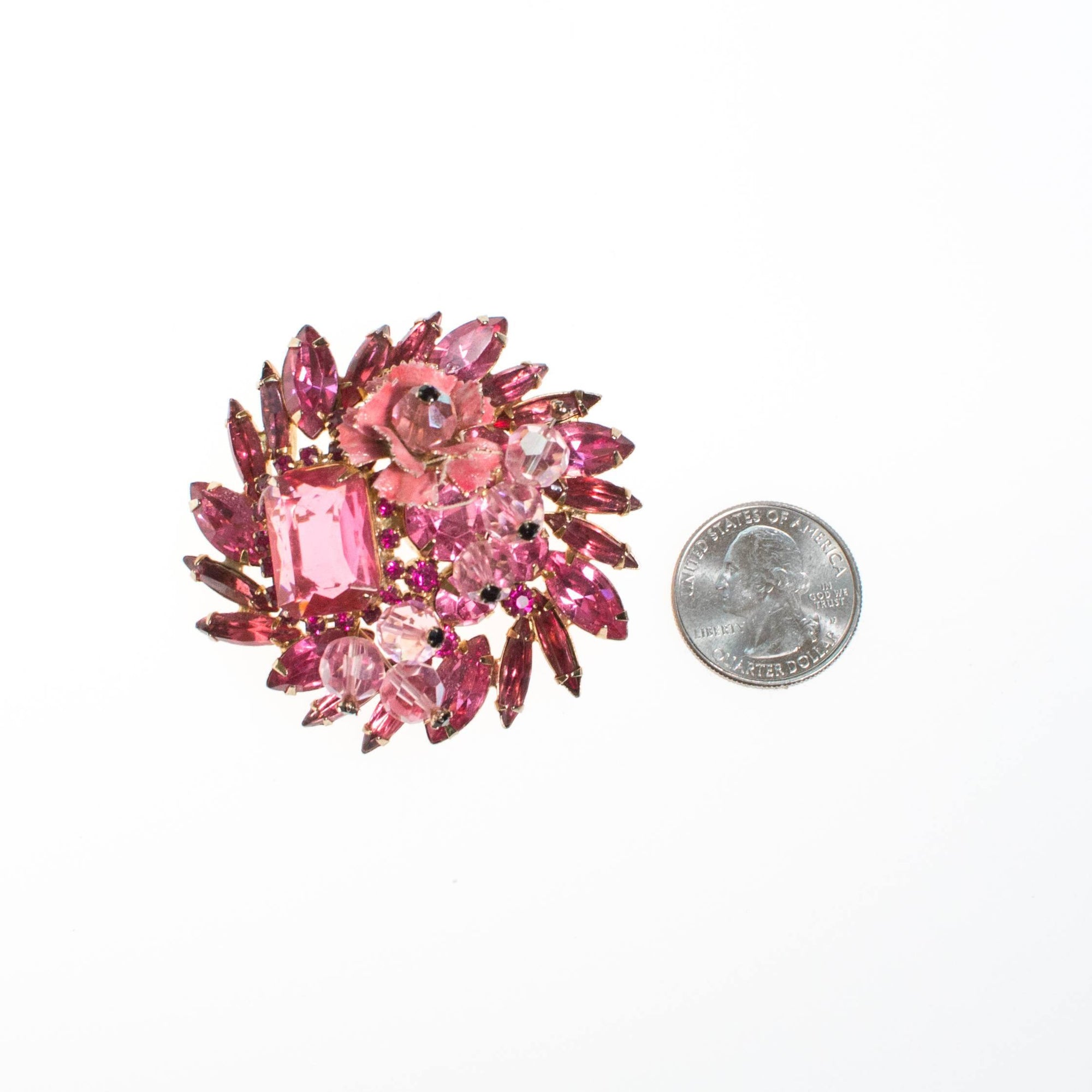 Juliana Pink Rhinestone Brooch with Enamel Flower Accent by Juliana - Vintage Meet Modern Vintage Jewelry - Chicago, Illinois - #oldhollywoodglamour #vintagemeetmodern #designervintage #jewelrybox #antiquejewelry #vintagejewelry