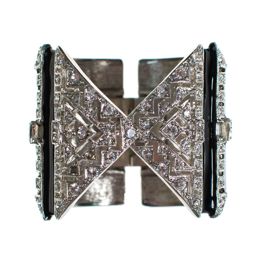 Vintage Kenneth Jay Lane Art Deco Rhinestone and Black Enamel Wide Cuff Statement Bracelet by Kenneth Jay Lane - Vintage Meet Modern Vintage Jewelry - Chicago, Illinois - #oldhollywoodglamour #vintagemeetmodern #designervintage #jewelrybox #antiquejewelry #vintagejewelry