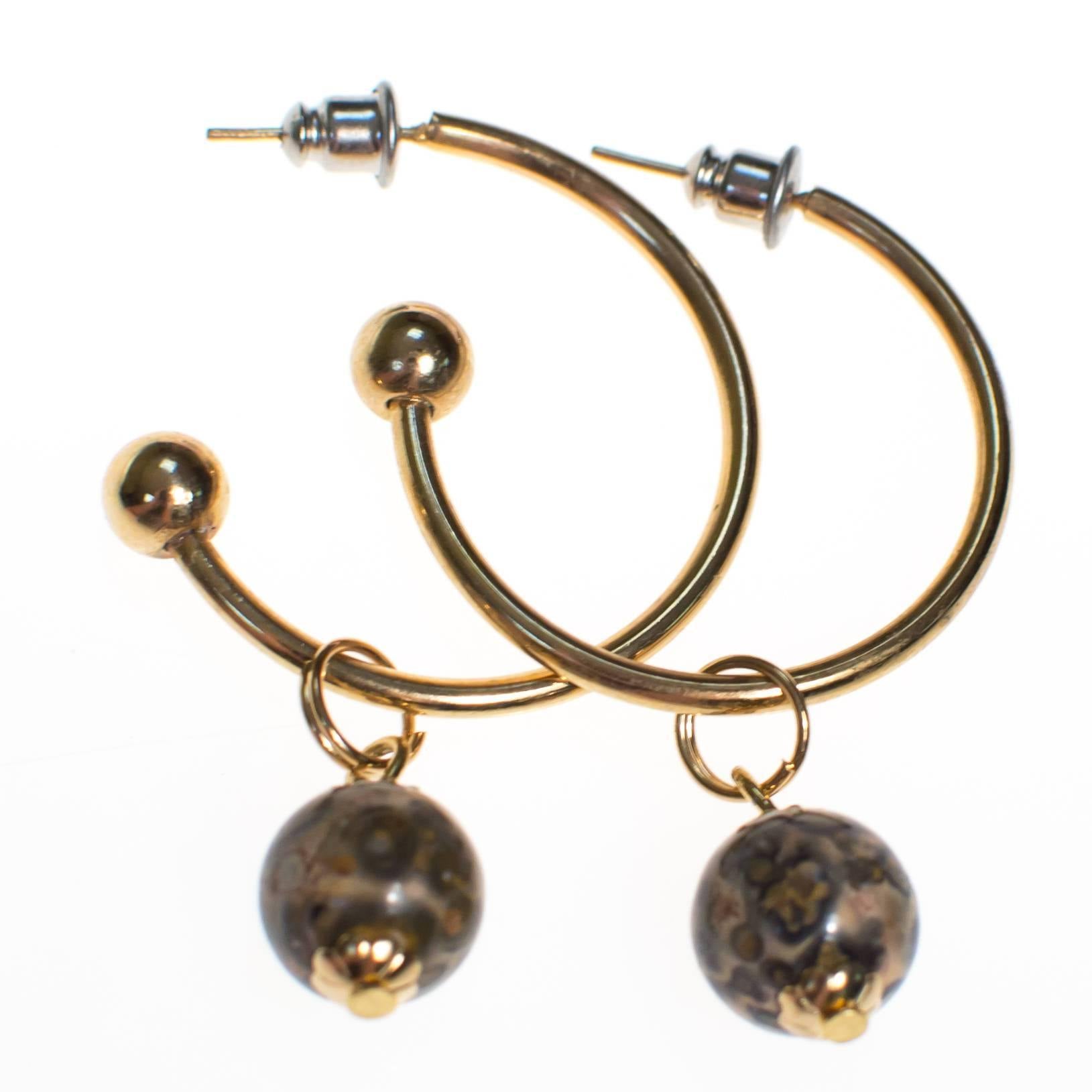 Vintage Gold Hoop Earrings with Speckled Jasper Bead by 1970s - Vintage Meet Modern Vintage Jewelry - Chicago, Illinois - #oldhollywoodglamour #vintagemeetmodern #designervintage #jewelrybox #antiquejewelry #vintagejewelry