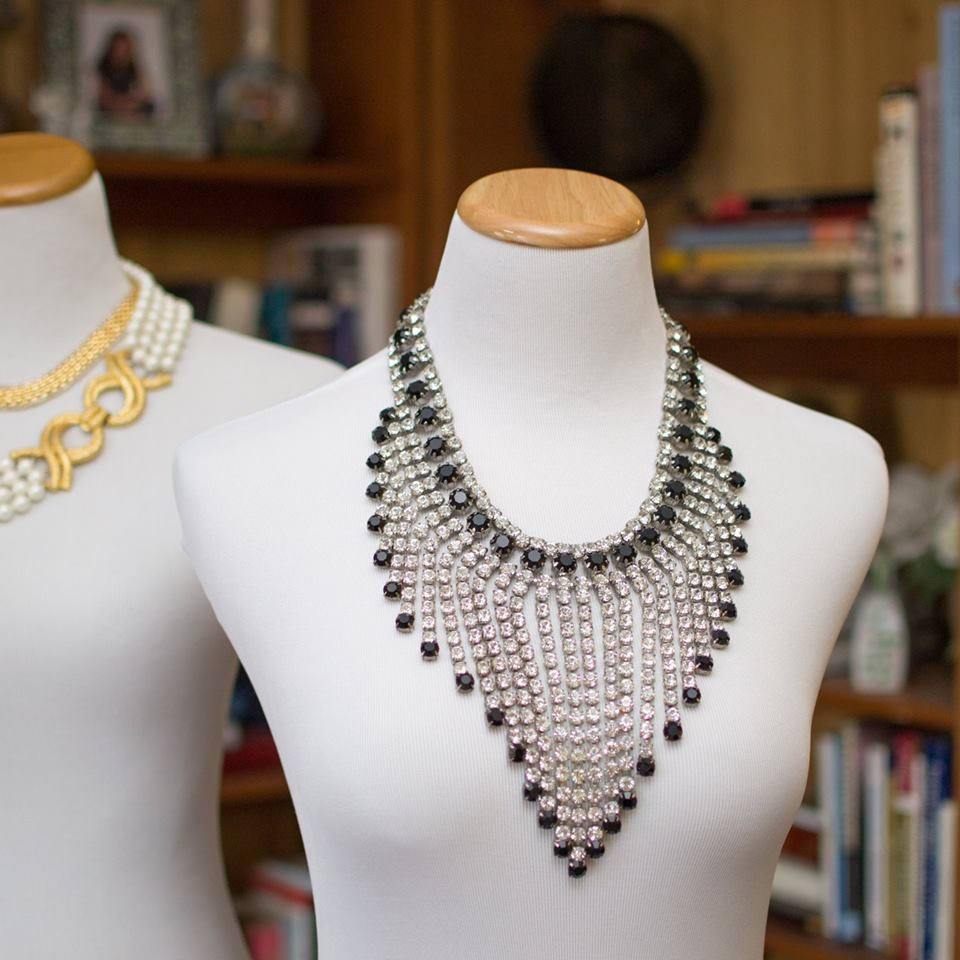 Massive Rhinestone Bib Necklace with Jet Black and Clear Rhinestones by 1960s - Vintage Meet Modern Vintage Jewelry - Chicago, Illinois - #oldhollywoodglamour #vintagemeetmodern #designervintage #jewelrybox #antiquejewelry #vintagejewelry