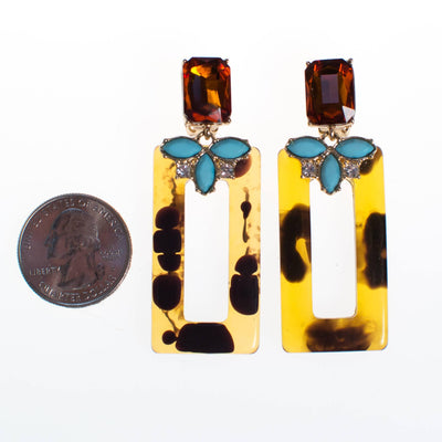 Vintage Faux Tortoise Turquoise and Citrine Rhinestone Earrings, Clip On, Long Dangling by 1990s - Vintage Meet Modern Vintage Jewelry - Chicago, Illinois - #oldhollywoodglamour #vintagemeetmodern #designervintage #jewelrybox #antiquejewelry #vintagejewelry