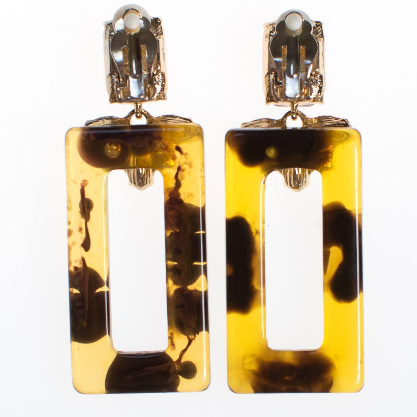 Vintage Faux Tortoise Turquoise and Citrine Rhinestone Earrings, Clip On, Long Dangling by 1990s - Vintage Meet Modern Vintage Jewelry - Chicago, Illinois - #oldhollywoodglamour #vintagemeetmodern #designervintage #jewelrybox #antiquejewelry #vintagejewelry