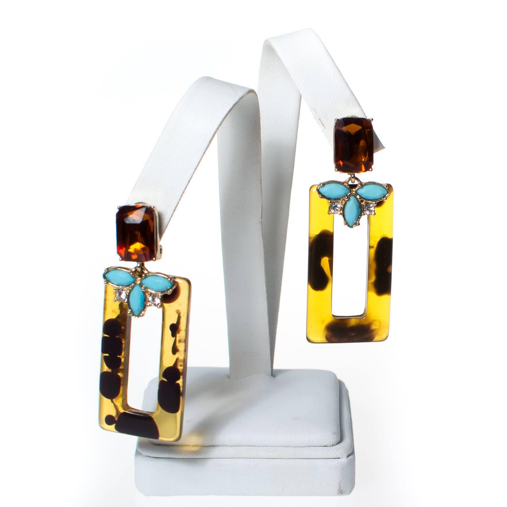 Vintage Faux Tortoise Turquoise and Citrine Rhinestone Earrings, Clip On, Long Dangling by 1990s - Vintage Meet Modern Vintage Jewelry - Chicago, Illinois - #oldhollywoodglamour #vintagemeetmodern #designervintage #jewelrybox #antiquejewelry #vintagejewelry