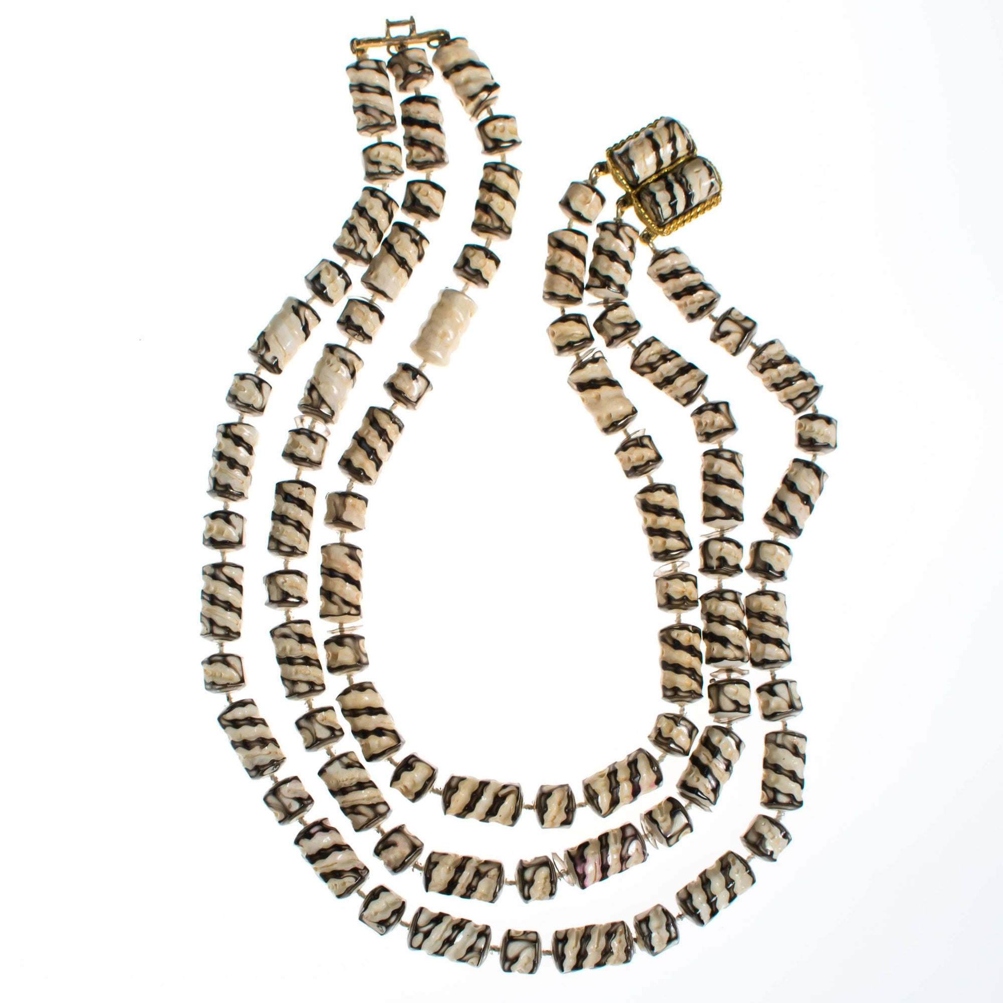 Reserved Payment 1 of 3  Vintage Zebra Striped Triple Strand Beaded Torsade Necklace by 1960s - Vintage Meet Modern Vintage Jewelry - Chicago, Illinois - #oldhollywoodglamour #vintagemeetmodern #designervintage #jewelrybox #antiquejewelry #vintagejewelry