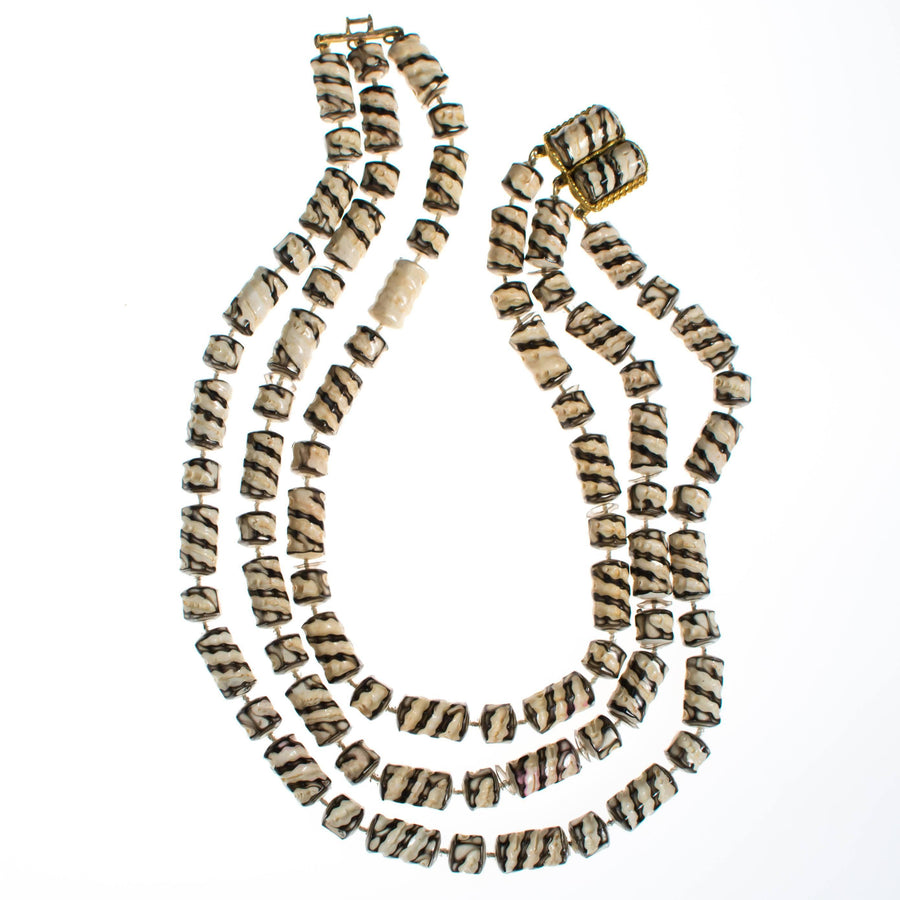 Reserved Payment 1 of 3  Vintage Zebra Striped Triple Strand Beaded Torsade Necklace by 1960s - Vintage Meet Modern Vintage Jewelry - Chicago, Illinois - #oldhollywoodglamour #vintagemeetmodern #designervintage #jewelrybox #antiquejewelry #vintagejewelry