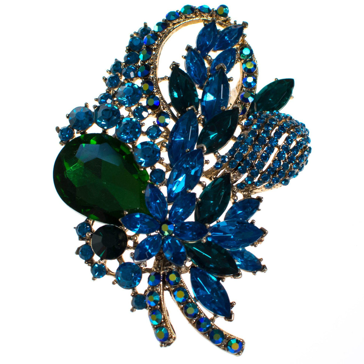 Vintage Emerald Green and Sapphire Blue Crystal Rhinestone Statement Brooch