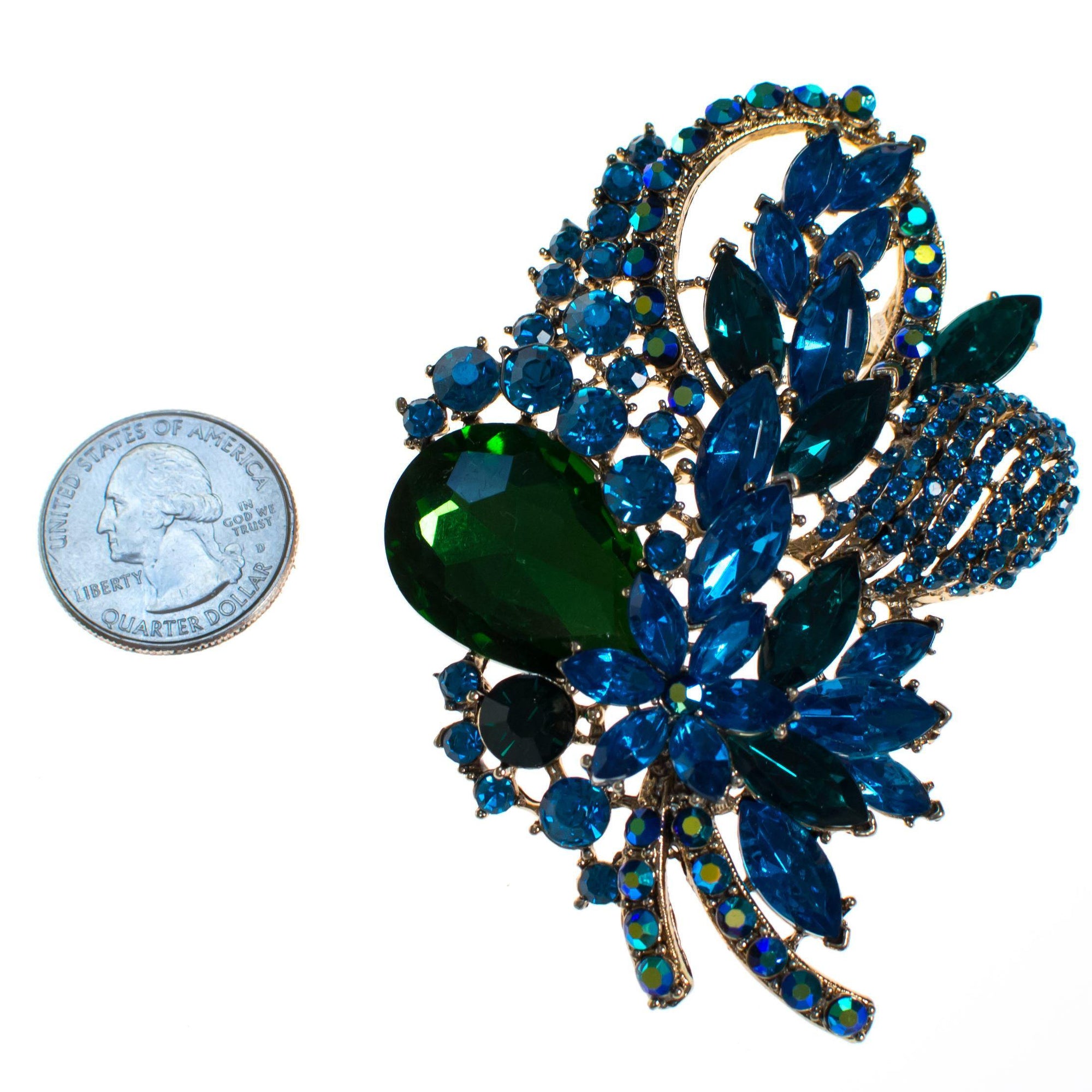 Vintage Emerald Green and Sapphire Blue Crystal Rhinestone Statement Brooch by Unsigned Beauty - Vintage Meet Modern Vintage Jewelry - Chicago, Illinois - #oldhollywoodglamour #vintagemeetmodern #designervintage #jewelrybox #antiquejewelry #vintagejewelry