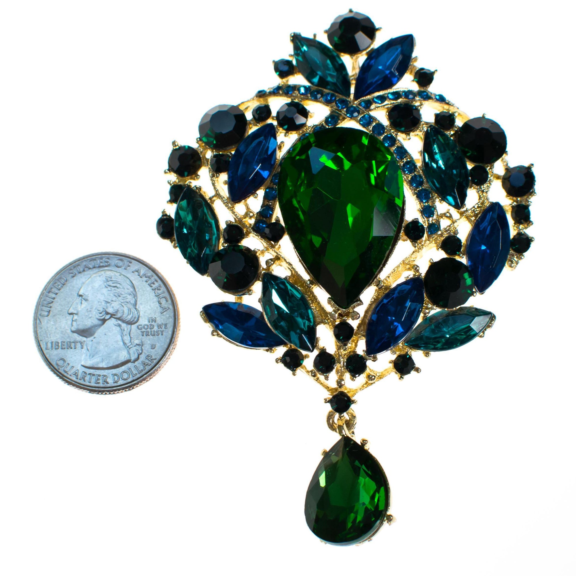 Vintage Emerald Green and Sapphire Blue Brooch with Dangling Pear Shape Crystal by Unsigned Beauty - Vintage Meet Modern Vintage Jewelry - Chicago, Illinois - #oldhollywoodglamour #vintagemeetmodern #designervintage #jewelrybox #antiquejewelry #vintagejewelry