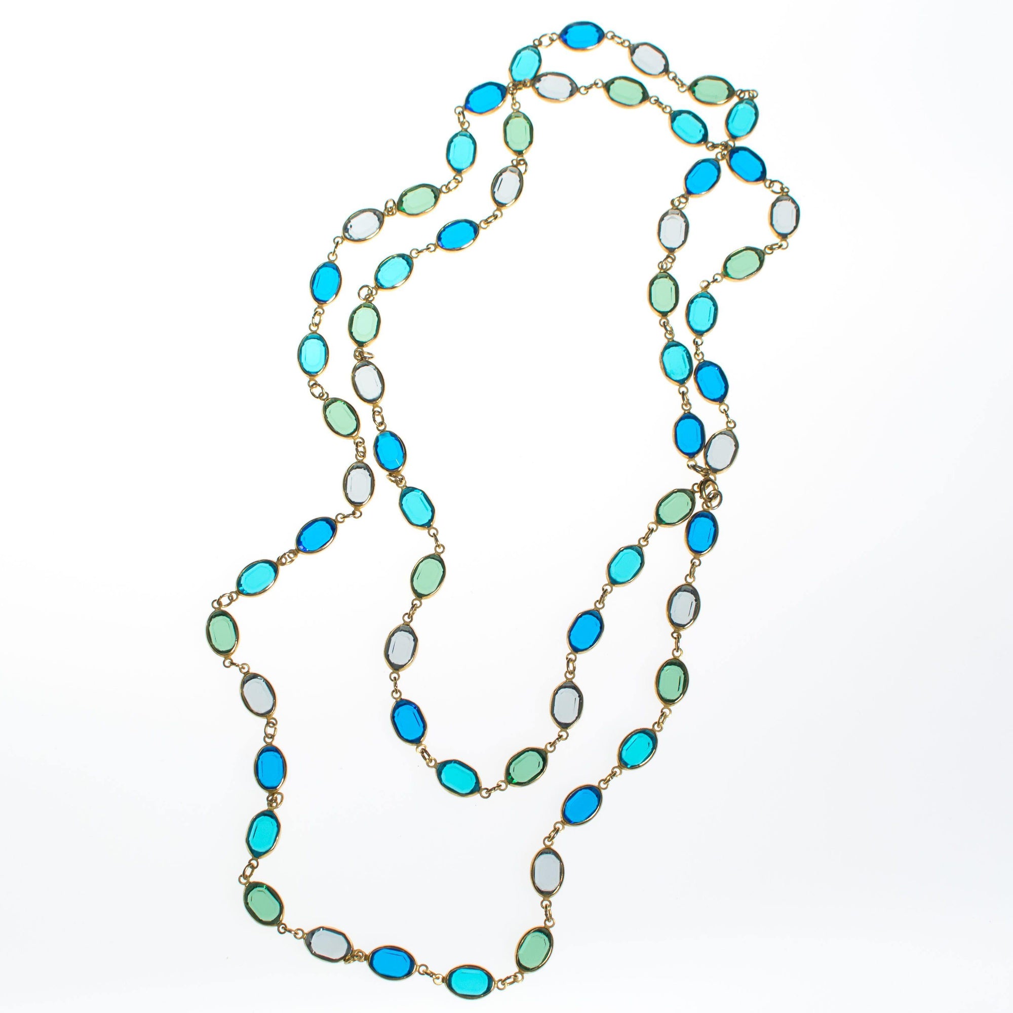 Vintage Bezel Set Blue and Green Crystal Necklace by 1980s - Vintage Meet Modern Vintage Jewelry - Chicago, Illinois - #oldhollywoodglamour #vintagemeetmodern #designervintage #jewelrybox #antiquejewelry #vintagejewelry