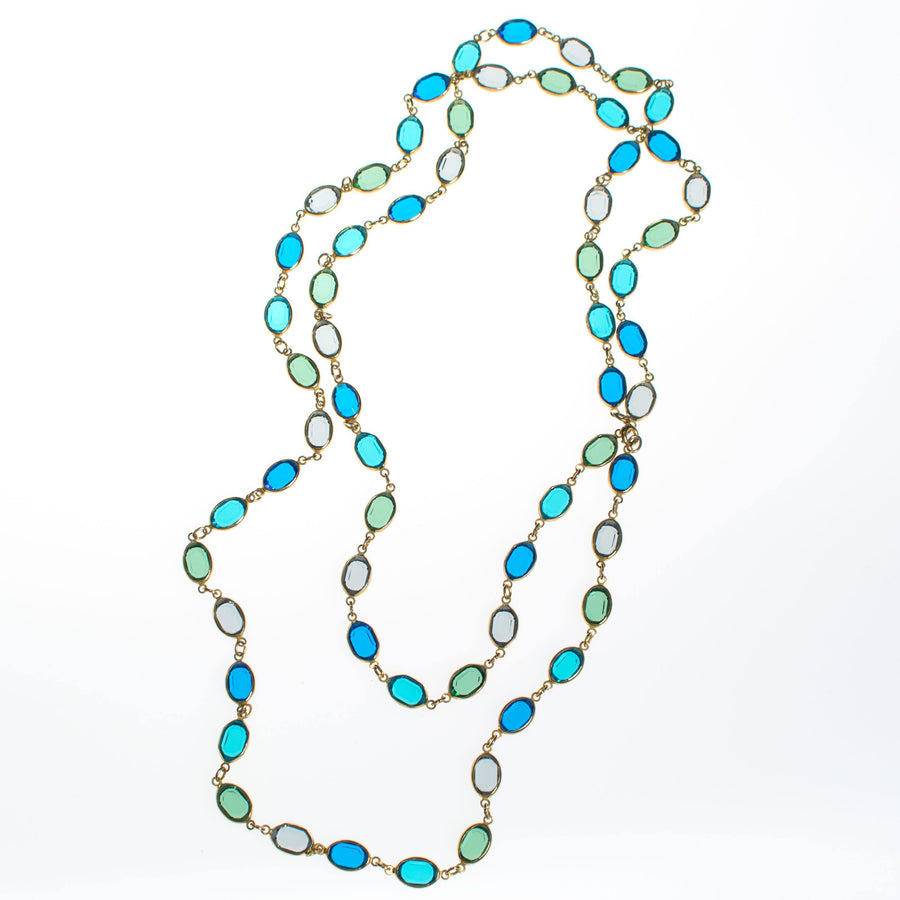 Vintage Bezel Set Blue and Green Crystal Necklace by 1980s - Vintage Meet Modern Vintage Jewelry - Chicago, Illinois - #oldhollywoodglamour #vintagemeetmodern #designervintage #jewelrybox #antiquejewelry #vintagejewelry