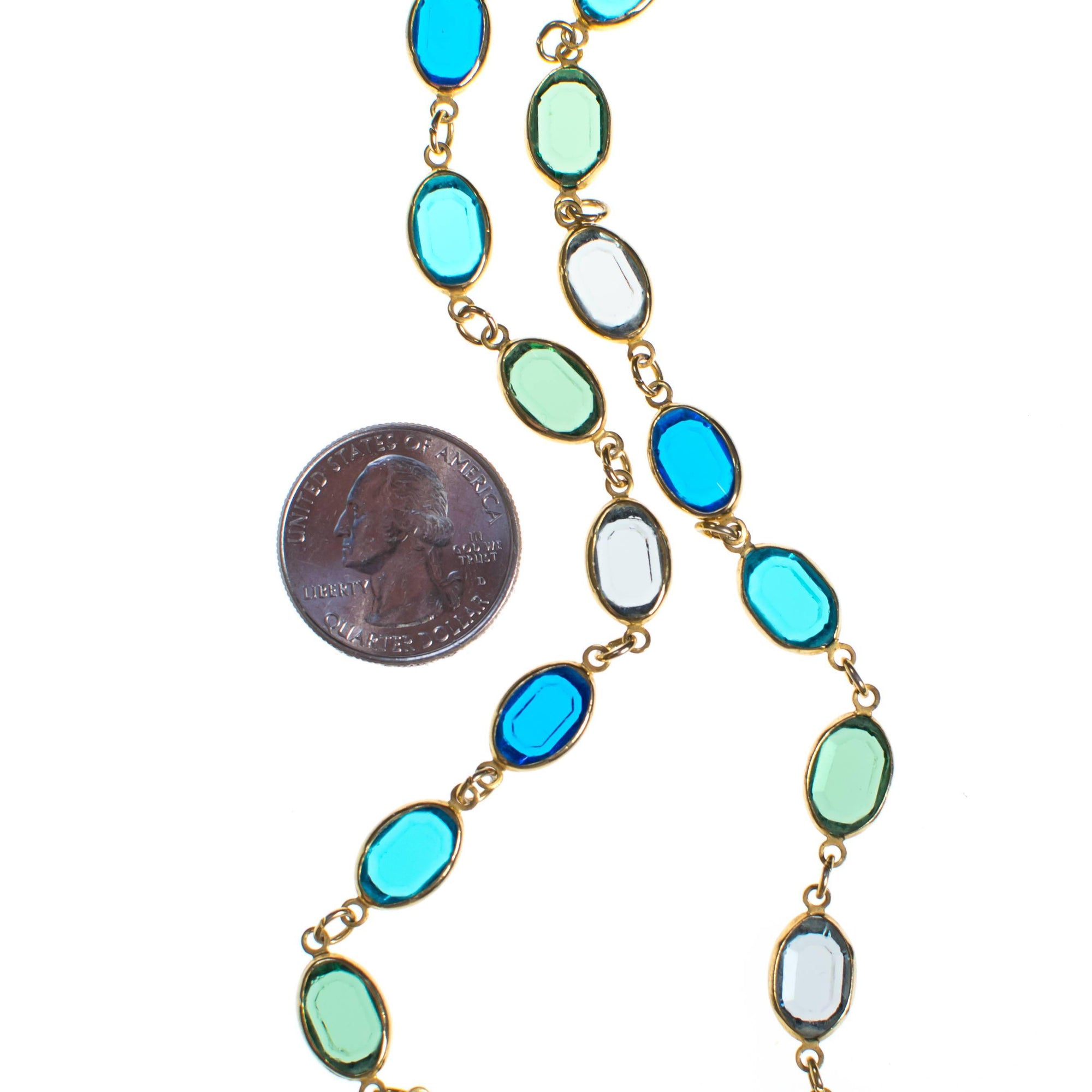 Vintage Bezel Set Blue and Green Crystal Necklace by 1980s - Vintage Meet Modern Vintage Jewelry - Chicago, Illinois - #oldhollywoodglamour #vintagemeetmodern #designervintage #jewelrybox #antiquejewelry #vintagejewelry