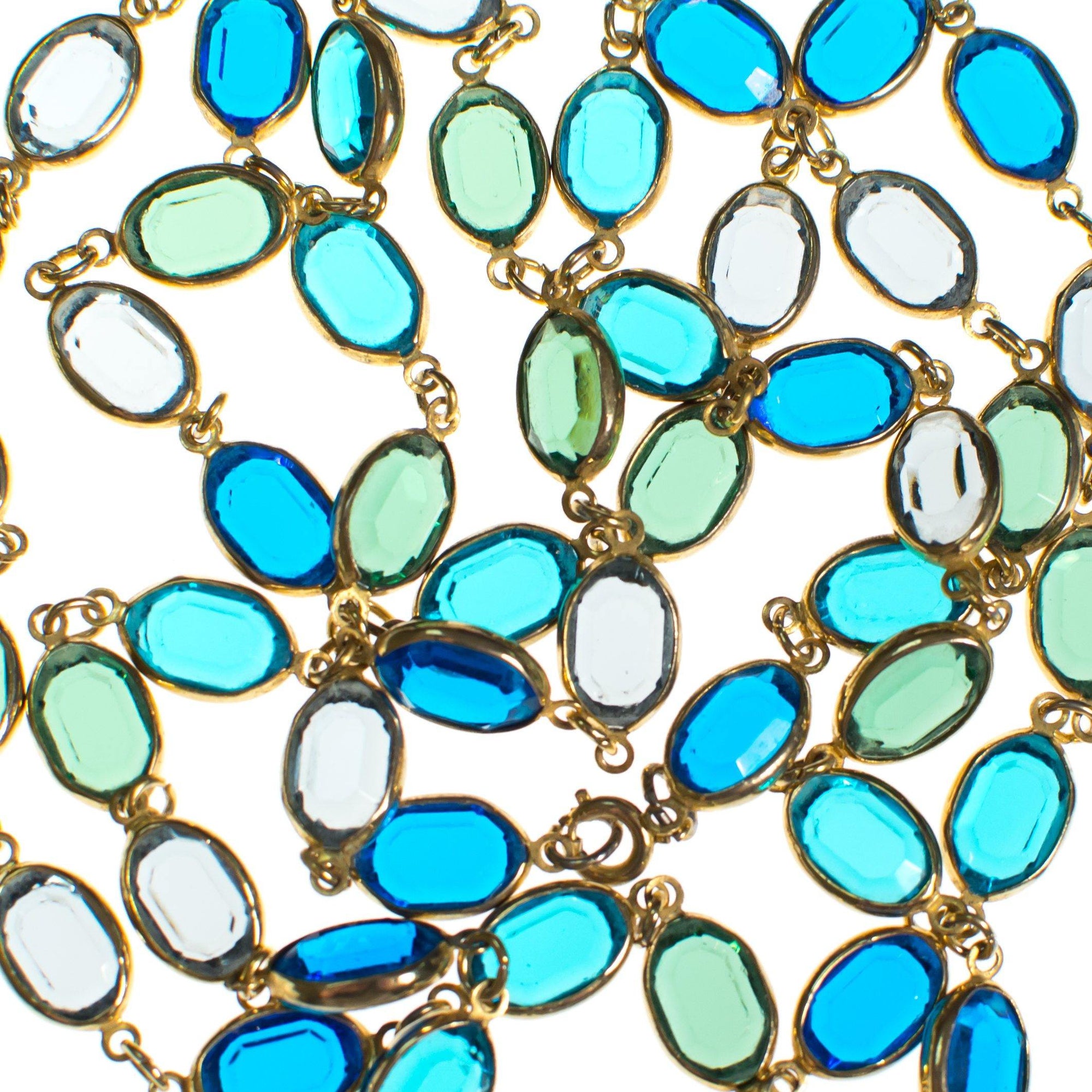 Vintage Bezel Set Blue and Green Crystal Necklace by 1980s - Vintage Meet Modern Vintage Jewelry - Chicago, Illinois - #oldhollywoodglamour #vintagemeetmodern #designervintage #jewelrybox #antiquejewelry #vintagejewelry
