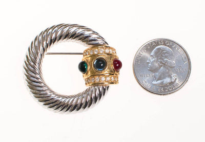 Vintage Silver Cable Hoop Brooch with Royal Colored Cabochon Rhinestones by 1980s - Vintage Meet Modern Vintage Jewelry - Chicago, Illinois - #oldhollywoodglamour #vintagemeetmodern #designervintage #jewelrybox #antiquejewelry #vintagejewelry