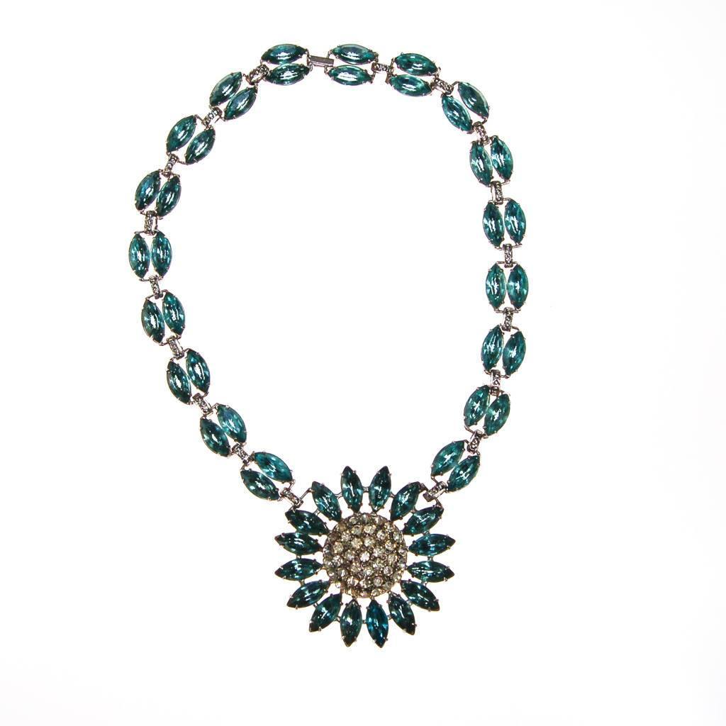 Vintage Light Blue Rhinestone Statement Necklace, Silver Tone, Pot Metal, 1940s by Art Deco - Vintage Meet Modern Vintage Jewelry - Chicago, Illinois - #oldhollywoodglamour #vintagemeetmodern #designervintage #jewelrybox #antiquejewelry #vintagejewelry
