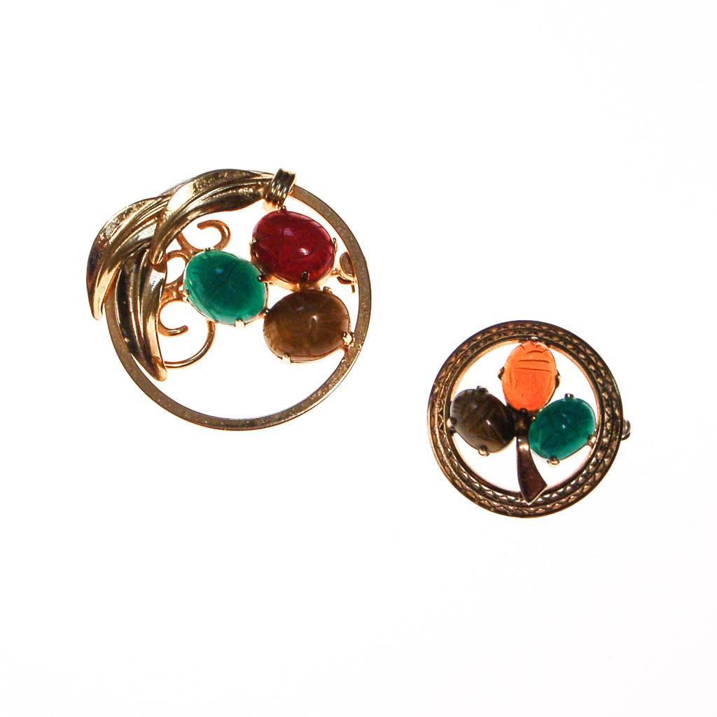 Vintage Scarab Gemstone Scatter Pins, Carved Carnelian, Jade, Tigers Eye, Gold Filled by 1960s - Vintage Meet Modern Vintage Jewelry - Chicago, Illinois - #oldhollywoodglamour #vintagemeetmodern #designervintage #jewelrybox #antiquejewelry #vintagejewelry