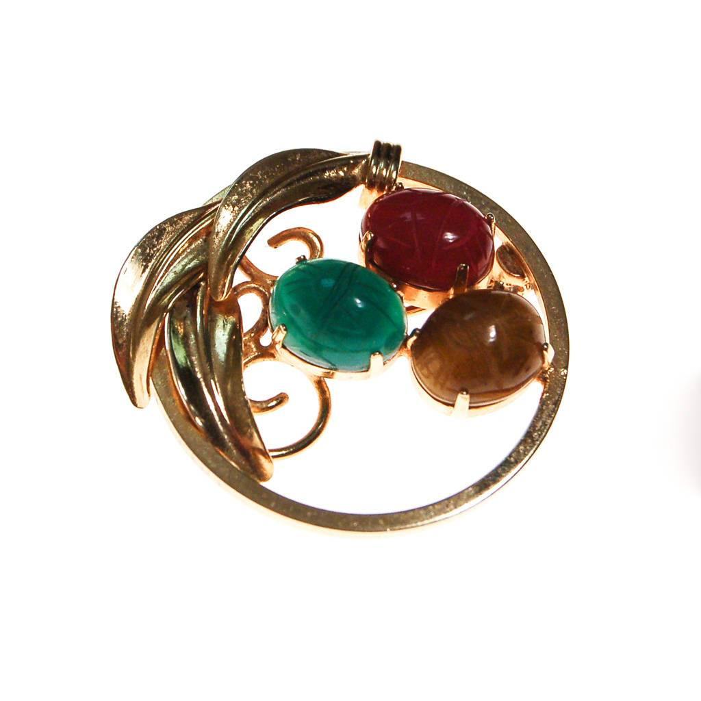 Vintage Scarab Gemstone Scatter Pins, Carved Carnelian, Jade, Tigers Eye, Gold Filled by 1960s - Vintage Meet Modern Vintage Jewelry - Chicago, Illinois - #oldhollywoodglamour #vintagemeetmodern #designervintage #jewelrybox #antiquejewelry #vintagejewelry