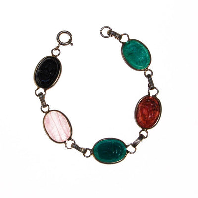 Vintage Semi Precious Scarab Bracelet, Onyx, Rose Quartz, Jade, Chrysoprase, 1960s by 1960s - Vintage Meet Modern Vintage Jewelry - Chicago, Illinois - #oldhollywoodglamour #vintagemeetmodern #designervintage #jewelrybox #antiquejewelry #vintagejewelry