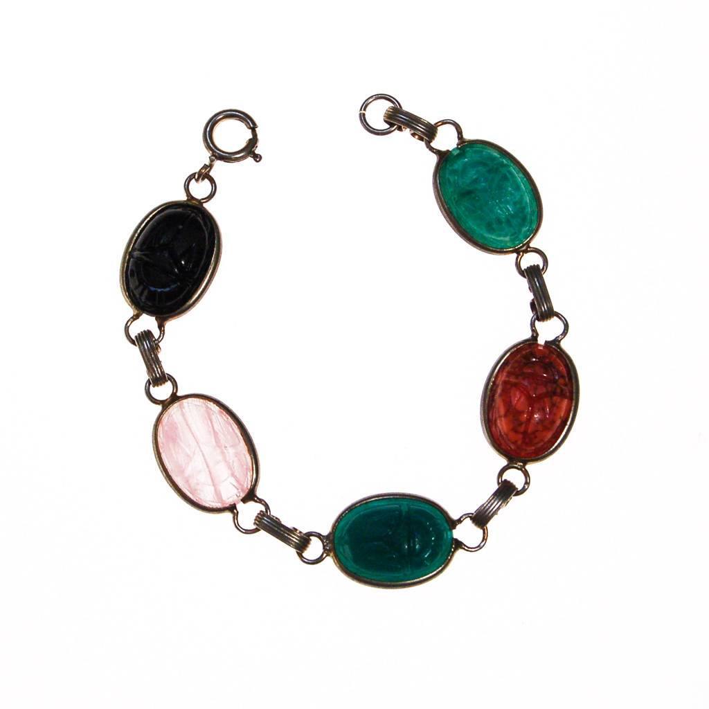 Vintage Semi Precious Scarab Bracelet, Onyx, Rose Quartz, Jade, Chrysoprase, 1960s