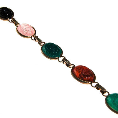 Vintage Semi Precious Scarab Bracelet, Onyx, Rose Quartz, Jade, Chrysoprase, 1960s by 1960s - Vintage Meet Modern Vintage Jewelry - Chicago, Illinois - #oldhollywoodglamour #vintagemeetmodern #designervintage #jewelrybox #antiquejewelry #vintagejewelry