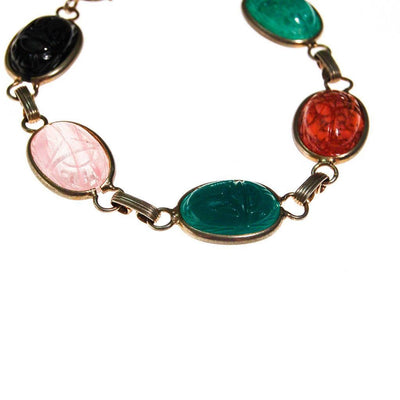 Vintage Semi Precious Scarab Bracelet, Onyx, Rose Quartz, Jade, Chrysoprase, 1960s by 1960s - Vintage Meet Modern Vintage Jewelry - Chicago, Illinois - #oldhollywoodglamour #vintagemeetmodern #designervintage #jewelrybox #antiquejewelry #vintagejewelry