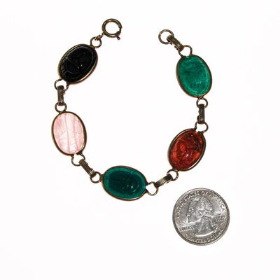 Vintage Semi Precious Scarab Bracelet, Onyx, Rose Quartz, Jade, Chrysoprase, 1960s by 1960s - Vintage Meet Modern Vintage Jewelry - Chicago, Illinois - #oldhollywoodglamour #vintagemeetmodern #designervintage #jewelrybox #antiquejewelry #vintagejewelry